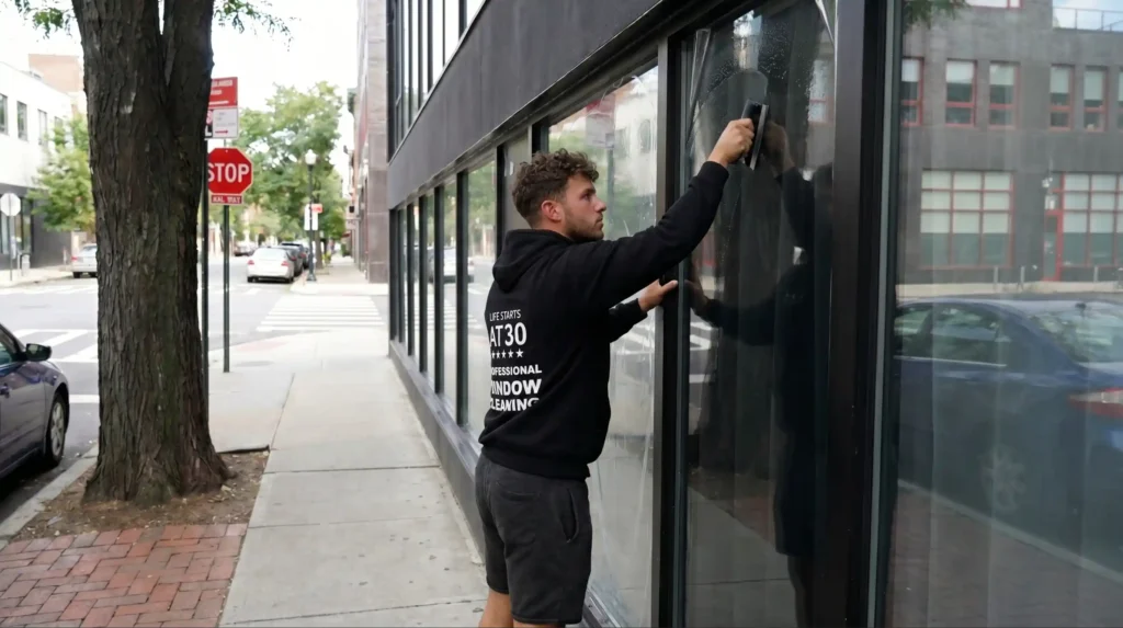 Window technician applying anti-graffiti protective film to a dark commercial storefront on a New York City street