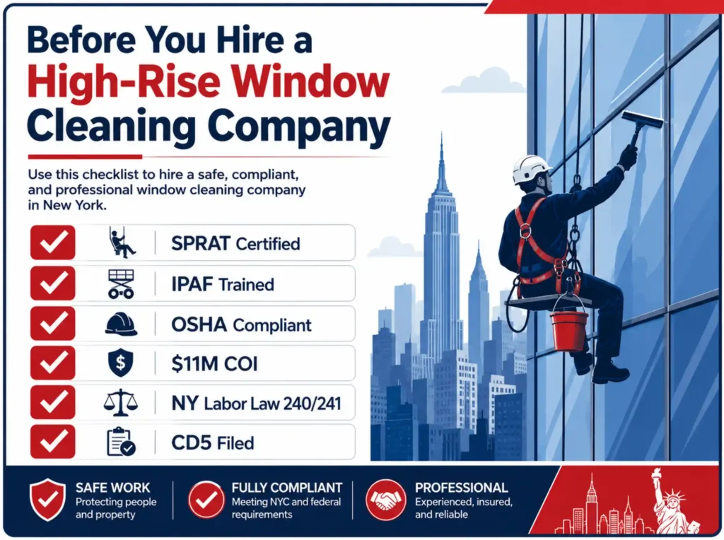 Checklist infographic for hiring a high-rise window cleaning company in New York: SPRAT, IPAF, OSHA, $11M COI, NY Labor Law 240/241 and CD5