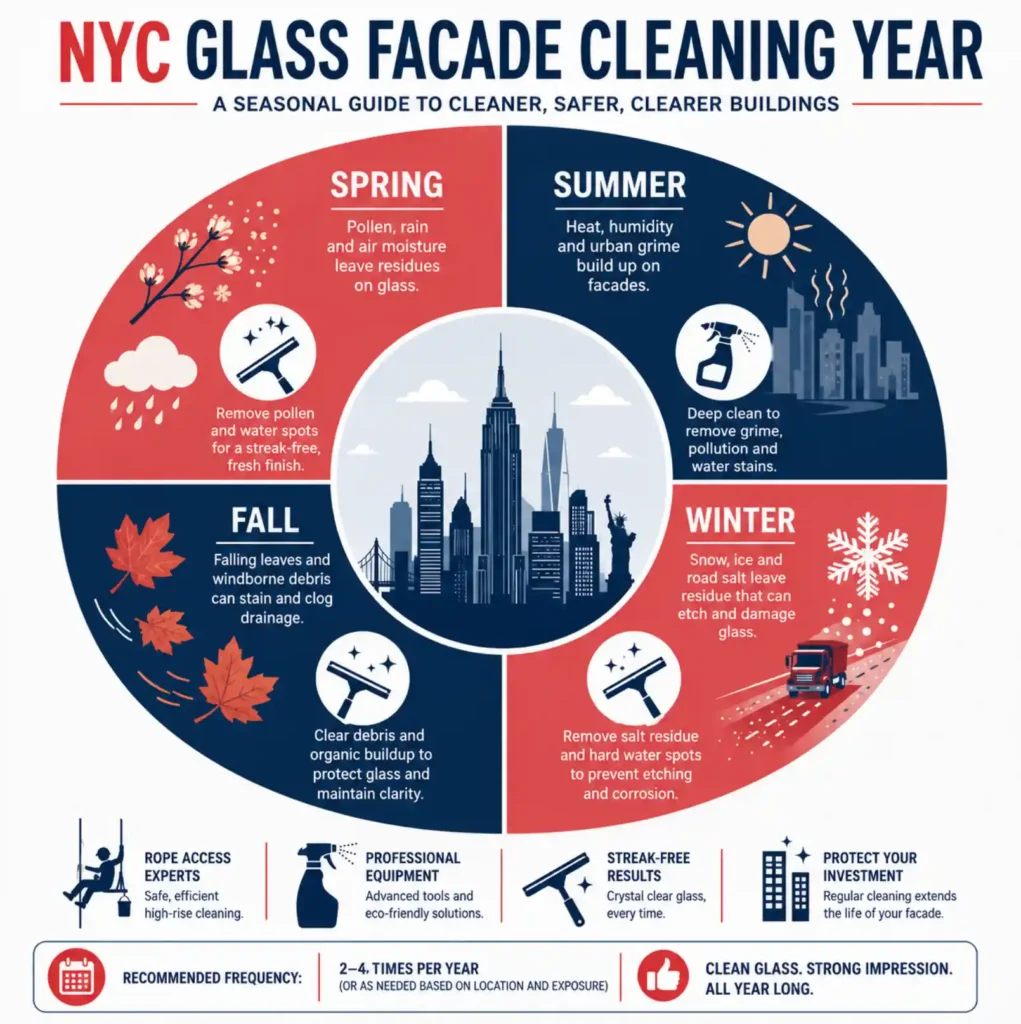 Seasonal infographic for cleaning a New York glass facade across spring, summer, fall and winter, with the recommended move for each season