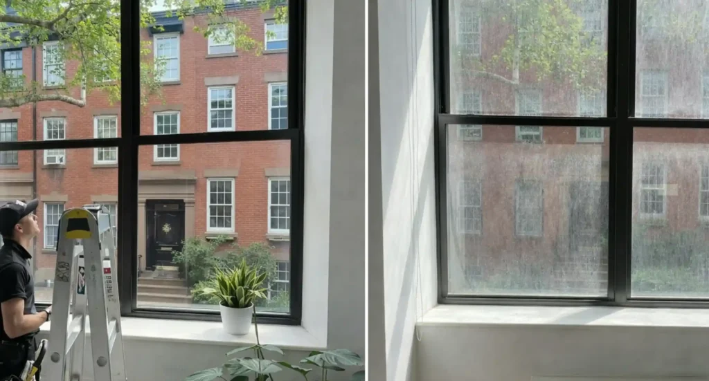 Before and after post-construction window cleaning in a New York City apartment with black steel frames and brick townhouse view