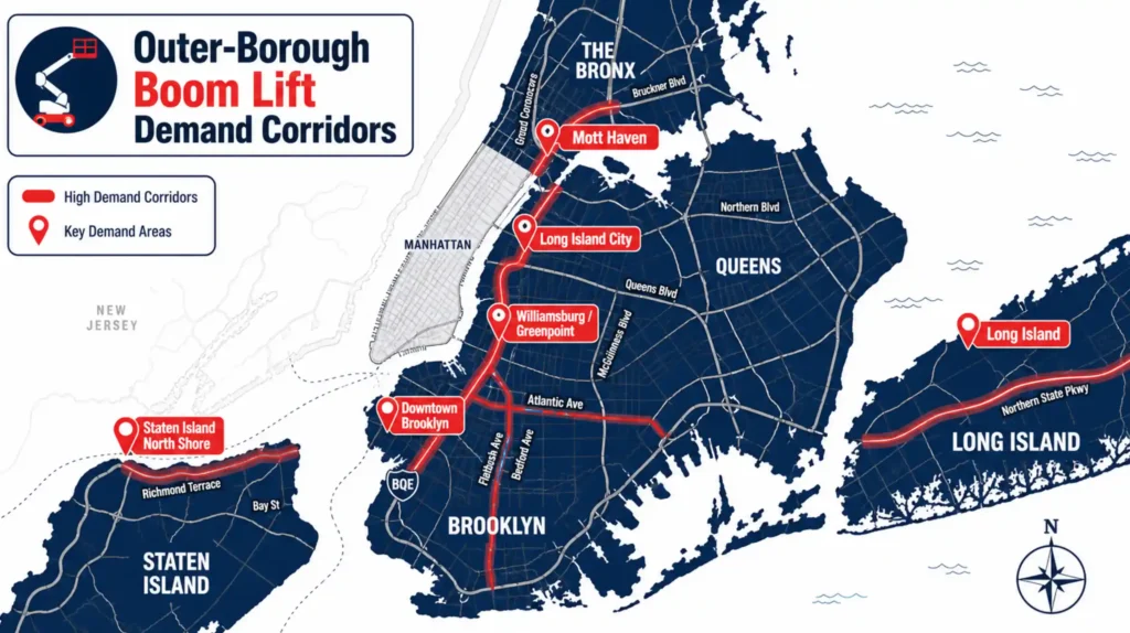 Map of outer-borough boom lift demand corridors across Brooklyn, Queens, the Bronx, Staten Island and Long Island - Downtown Brooklyn, Williamsburg/Greenpoint, Long Island City, Mott Haven and Staten Island North Shore