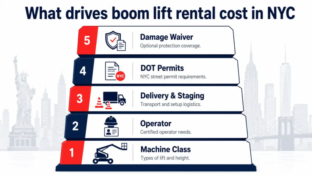 Stacked diagram of five boom lift rental cost drivers in NYC - machine class, operator, delivery and staging, DOT permits, and damage waiver