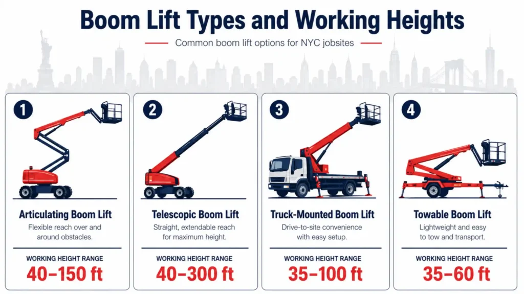 Infographic comparing four boom lift types for NYC jobsites - articulating, telescopic, truck-mounted and towable - with working height ranges from 35 to 300 feet