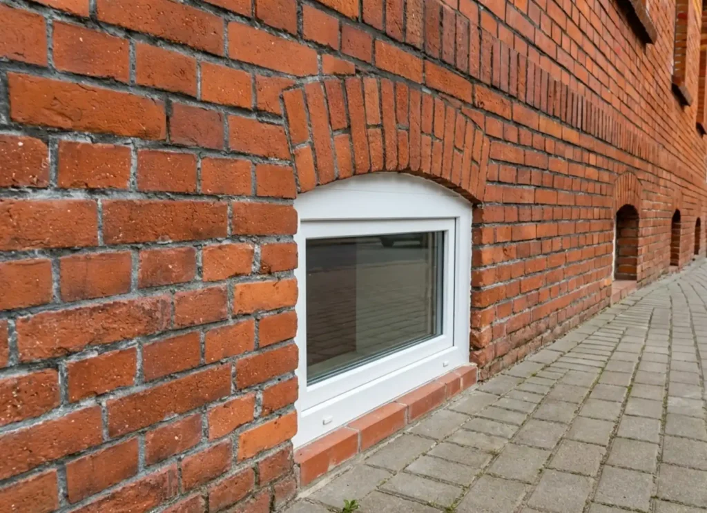 New white vinyl basement window installed in an arched brick masonry opening at ground level