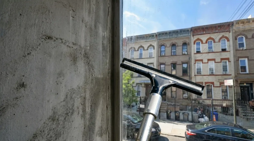 Professional squeegee removing construction dust and cement haze from a window overlooking a Brooklyn rowhouse street