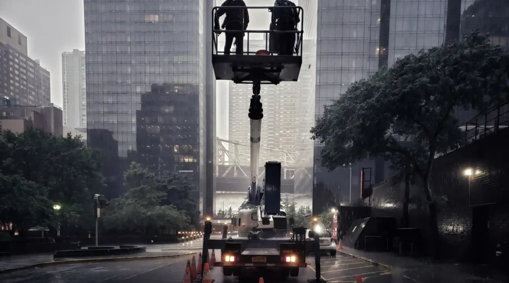 Two-man crew in a truck-mounted boom lift working on a Manhattan glass skyscraper facade on a rainy evening