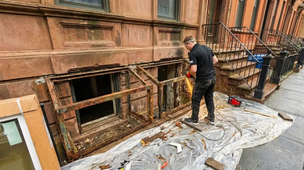 Big Apple Window Cleaning company technician cutting out a rusted steel basement window frame with an angle grinder on a Brooklyn brownstone