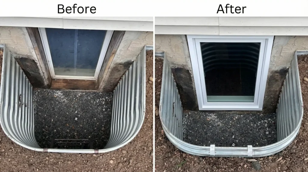 Before and after comparison of a basement egress window replacement with corrugated metal window well