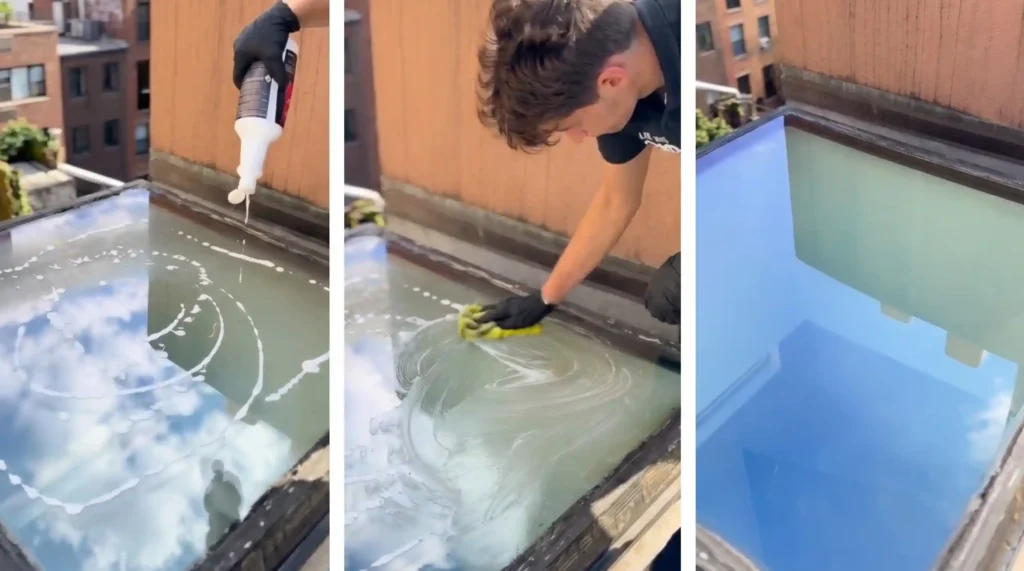 A technician applies cleaning solution and wipes the exterior glass of a roof lantern before the clear finished result.