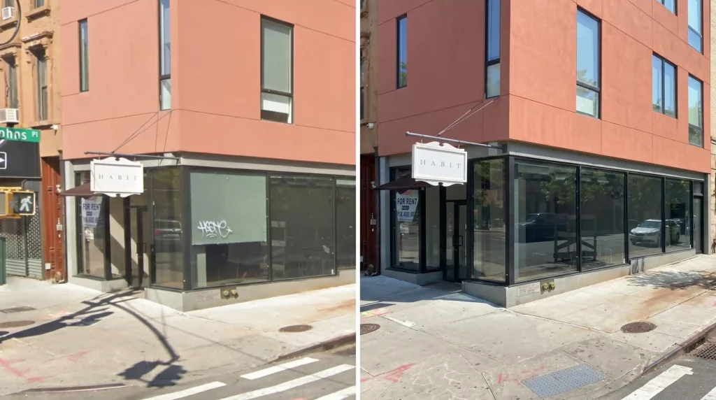 Before and after graffiti removal from a corner retail storefront window on Johns Place in Brooklyn