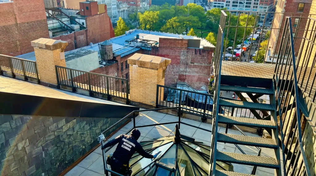 Professional window cleaner working on a large rooftop skylight high above a Manhattan park and street market