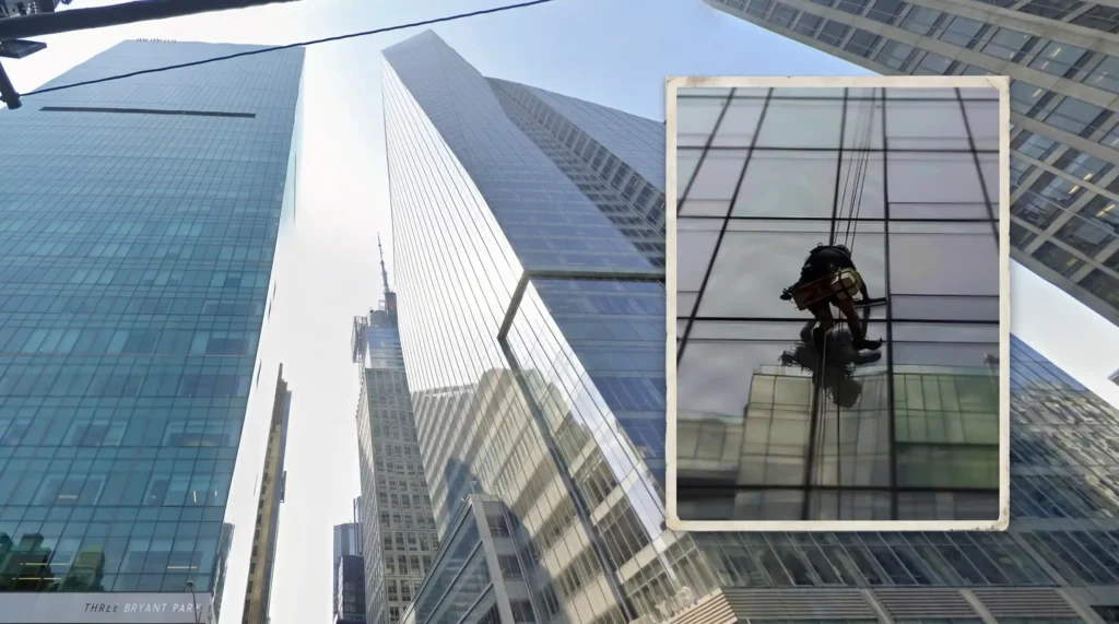 Three Bryant Park skyscraper in Midtown Manhattan with an inset showing a rope access technician cleaning the glass curtain wall facade
