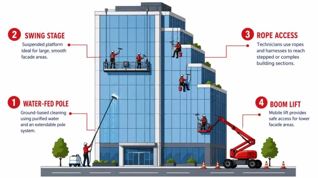 Infographic comparing four high-rise window cleaning methods on a glass building: water-fed pole, swing stage, rope access and boom lift