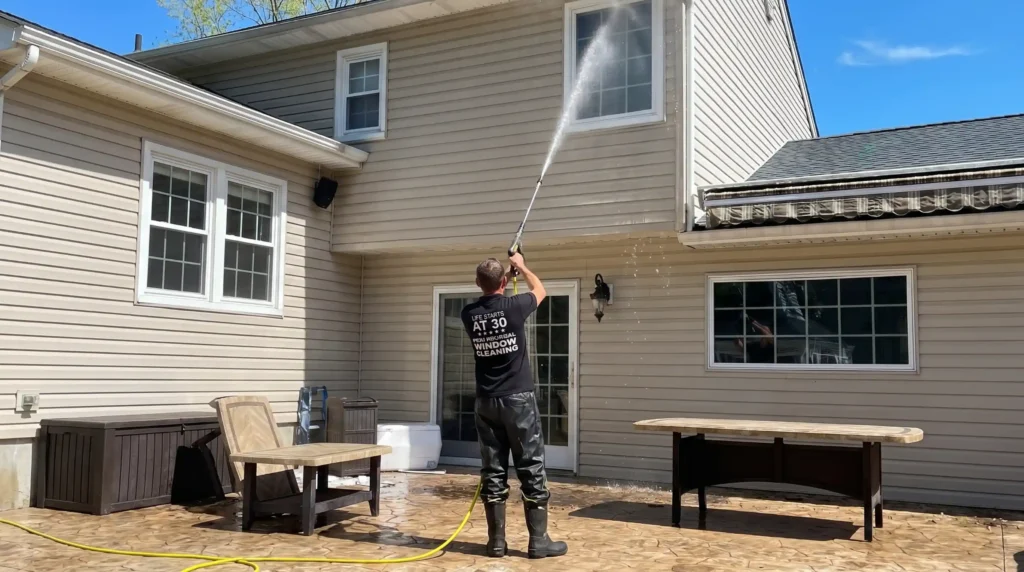 A technician rinses vinyl siding and upper-story residential windows during exterior house facade cleaning.