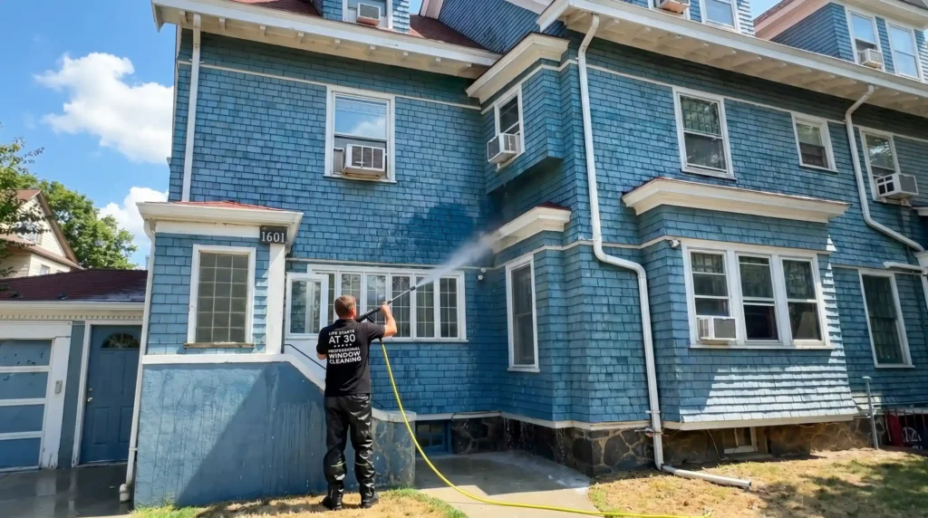 Big Apple Window Cleaning company technician washes a blue painted wood shingle facade on a residential house exterior.