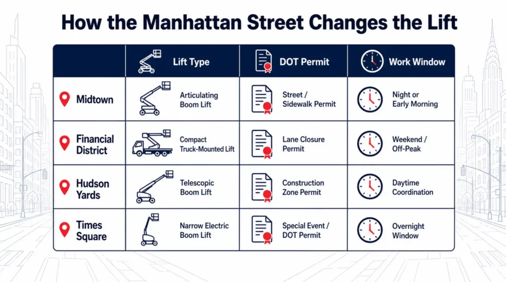 Comparison table of lift type, DOT permit and work window by Manhattan district - Midtown, Financial District, Hudson Yards and Times Square