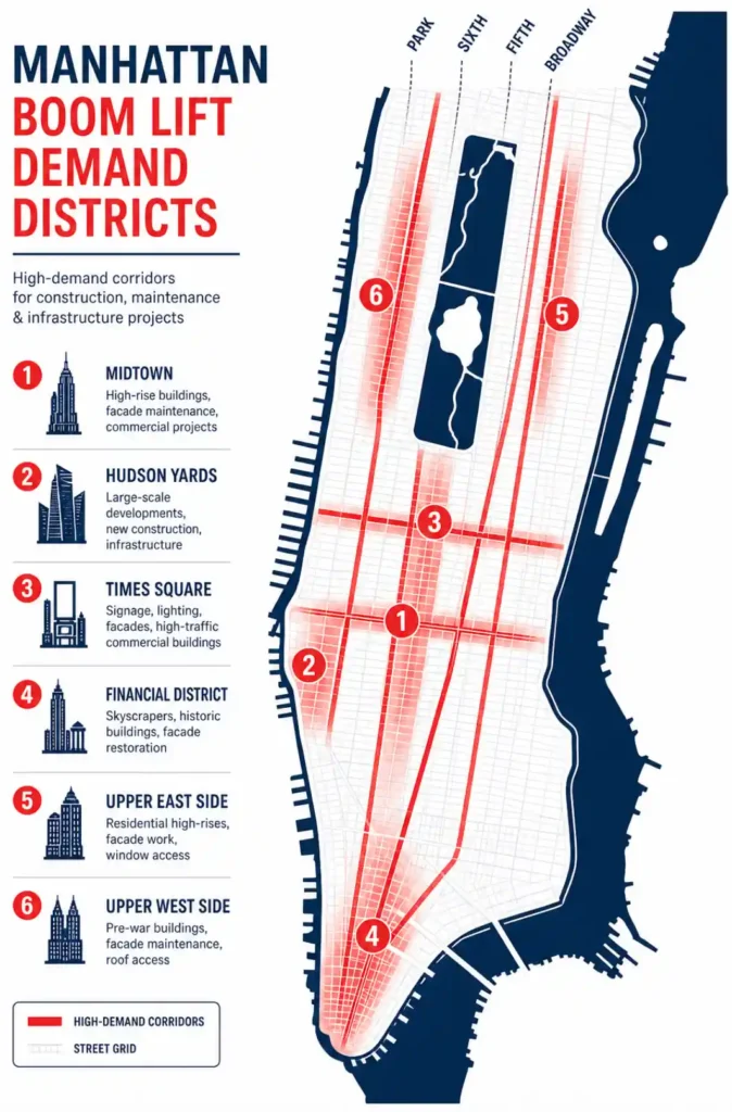 Map of Manhattan boom lift demand districts - Midtown, Hudson Yards, Times Square, Financial District, Upper East Side and Upper West Side - with high-demand corridors along Park, Sixth, Fifth and Broadway