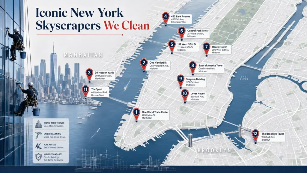 Map of twelve iconic New York skyscrapers with addresses across Manhattan and Brooklyn, from One World Trade Center to The Brooklyn Tower