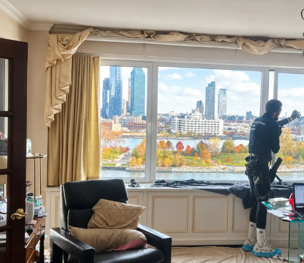 Window technician cleaning interior windows in a luxury Manhattan apartment with panoramic Hudson River and city skyline view