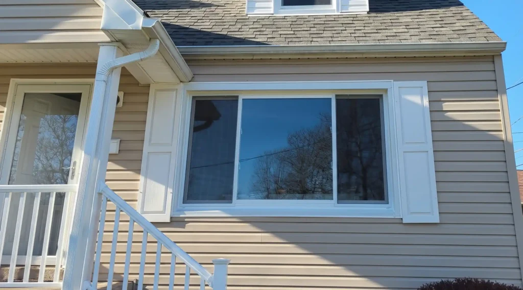Newly installed sliding window on a vinyl siding home exterior in the New York City suburbs