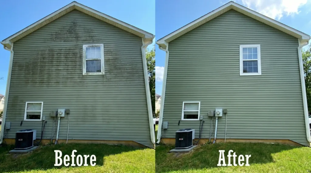 Before and after comparison of a vinyl siding house facade with dark biological staining removed after exterior cleaning.