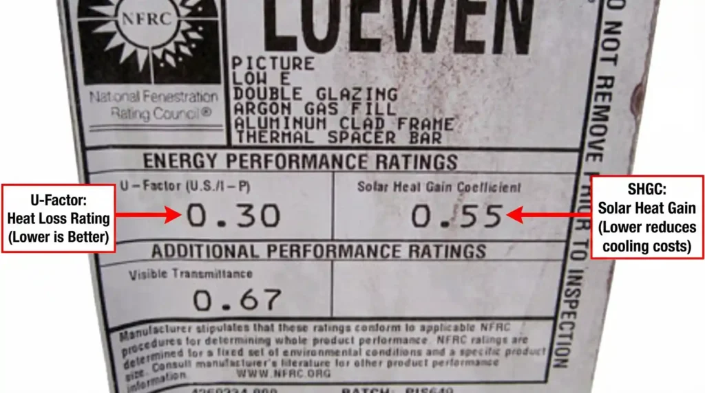NFRC energy performance label on a Loewen window showing U-Factor 0.30 and Solar Heat Gain Coefficient 0.55