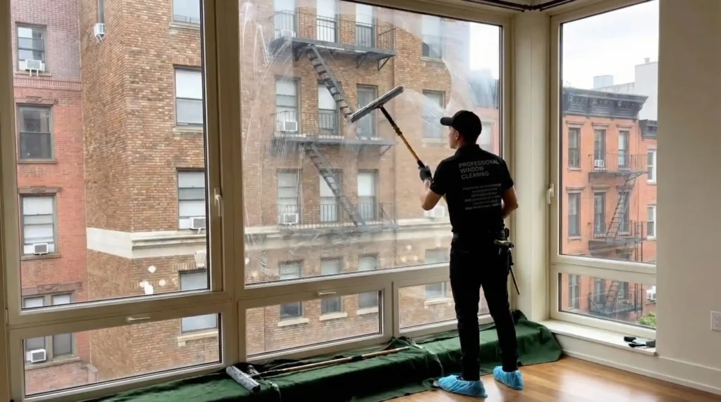 Professional window cleaner using an extension squeegee on large floor-to-ceiling windows in a New York City apartment