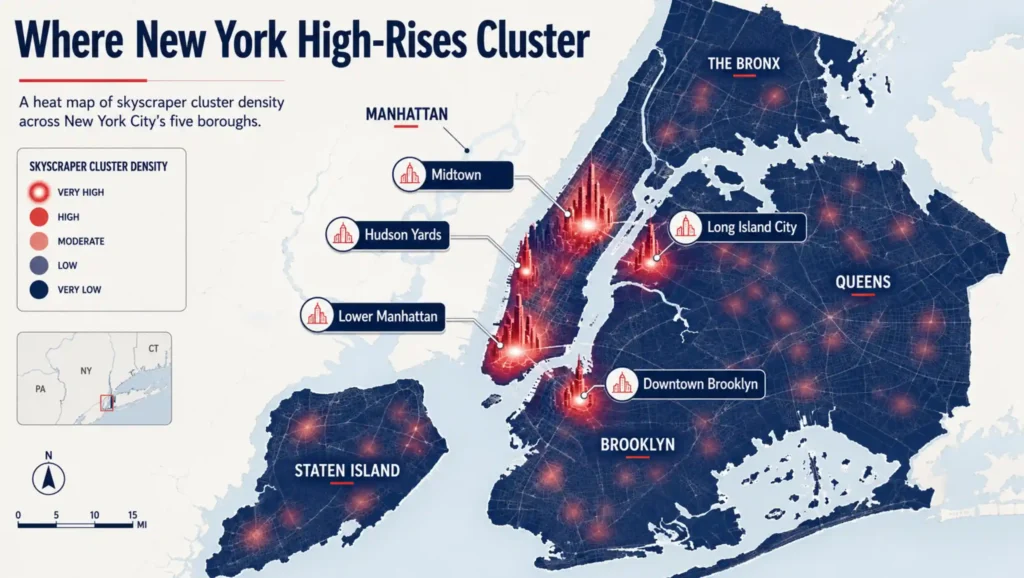 Heat map of skyscraper cluster density across New York's five boroughs, highlighting Midtown, Lower Manhattan, Hudson Yards, Long Island City and Downtown Brooklyn