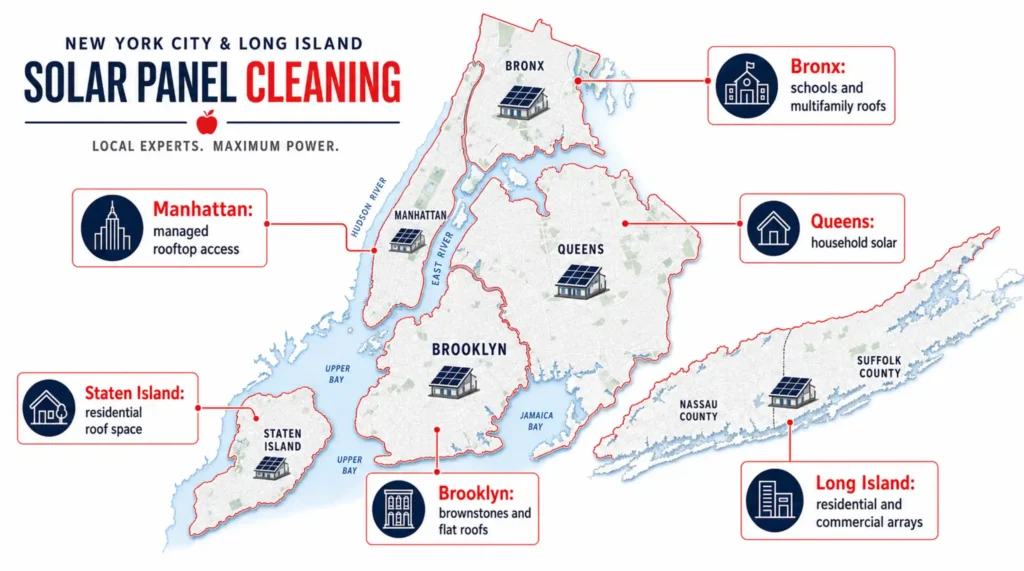 Map of solar panel cleaning service areas across Manhattan, the Bronx, Queens, Brooklyn, Staten Island and Long Island, each labeled by its typical rooftop solar setting