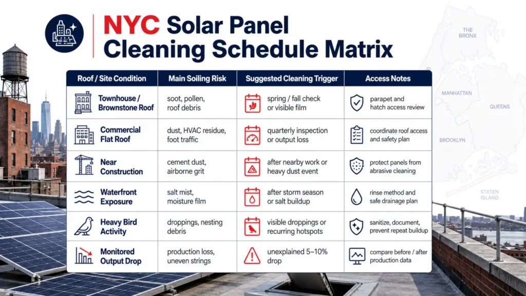 Matrix of when to clean rooftop solar panels in New York by roof and site condition, main soiling risk, suggested cleaning trigger and access notes