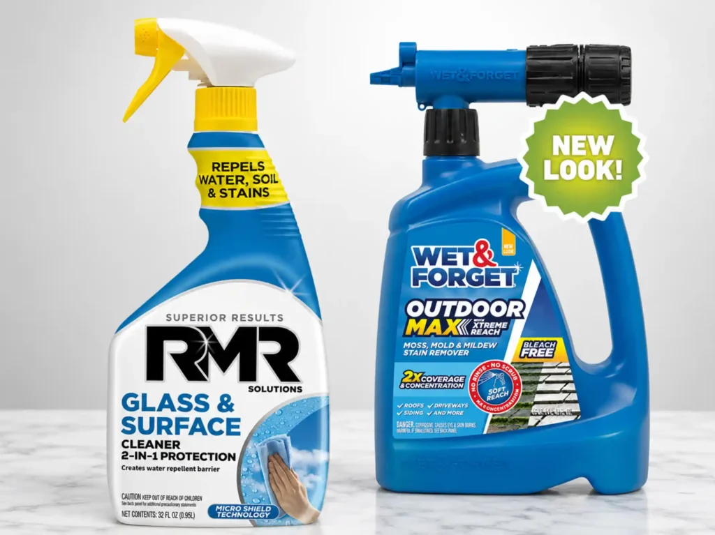 RMR Glass and Surface Cleaner and Wet & Forget Outdoor compared for organic stains on window glass