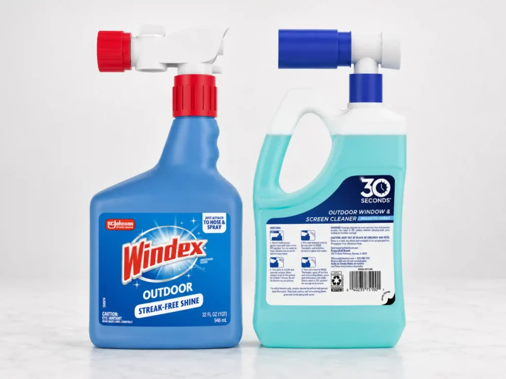Windex Outdoor and 30 Seconds Outdoor Window and Screen Cleaner compared for seasonal exterior window washing