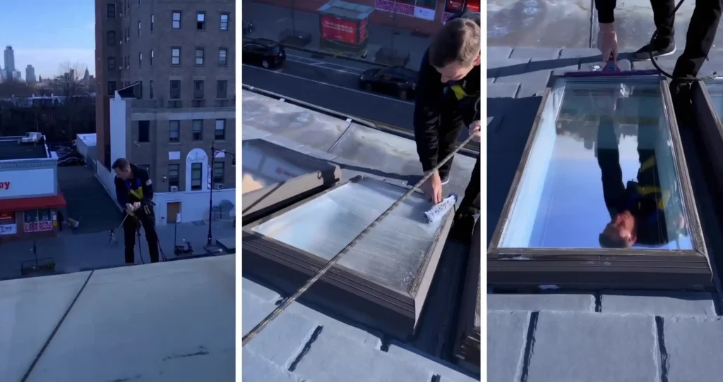 A technician cleans rooftop skylight glass with a washer and squeegee while working safely above a New York City street.