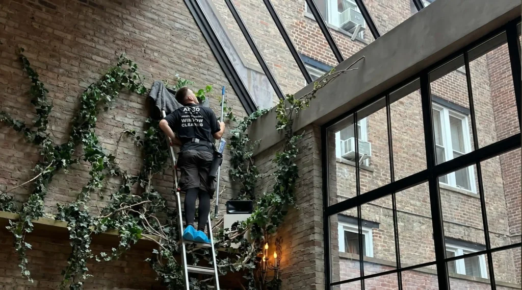 A technician from Big Apple Window Cleaning company cleans interior roof lantern glass from a ladder inside a brick-walled room.
