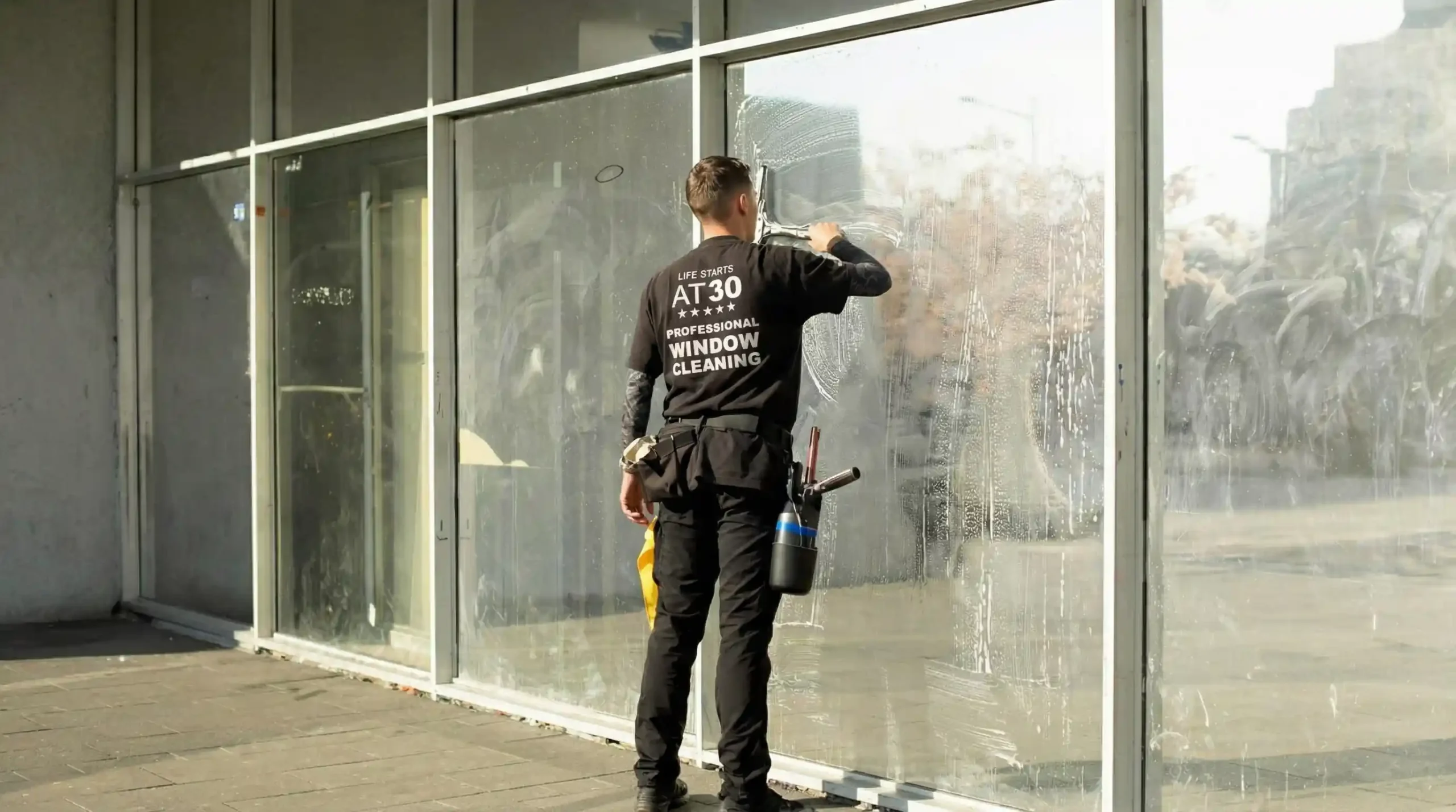 Big Apple Window Cleaning company technician squeegeing construction haze off a large commercial storefront glass facade in New York City