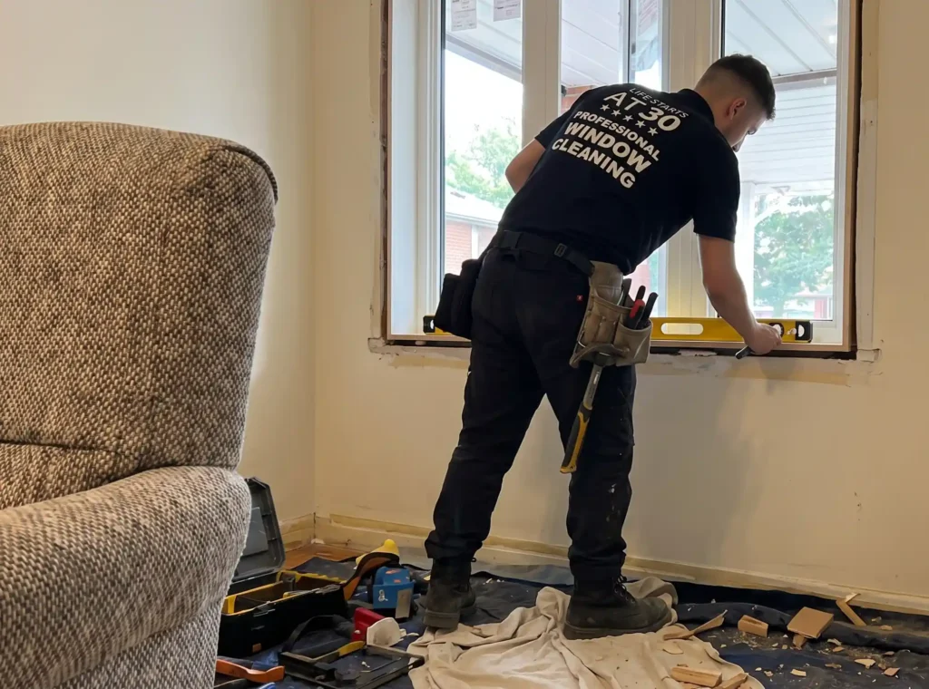 Technician leveling a replacement house window during interior installation