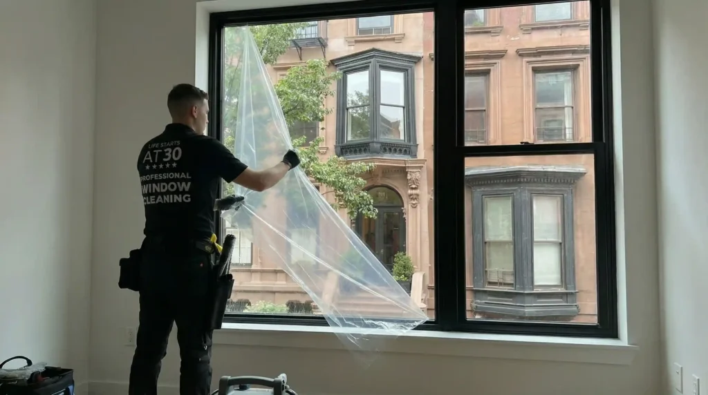 Window technician (BAWC company) peeling protective film off a black-frame window overlooking Brooklyn brownstones after construction