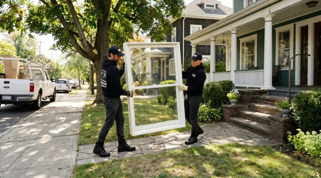 Technicians carrying a new replacement window for installation at a residential house