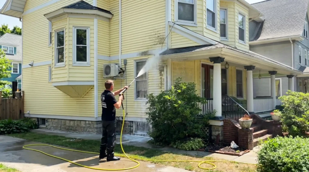 A technician washes yellow residential siding with visible dark staining near the windows and porch area.