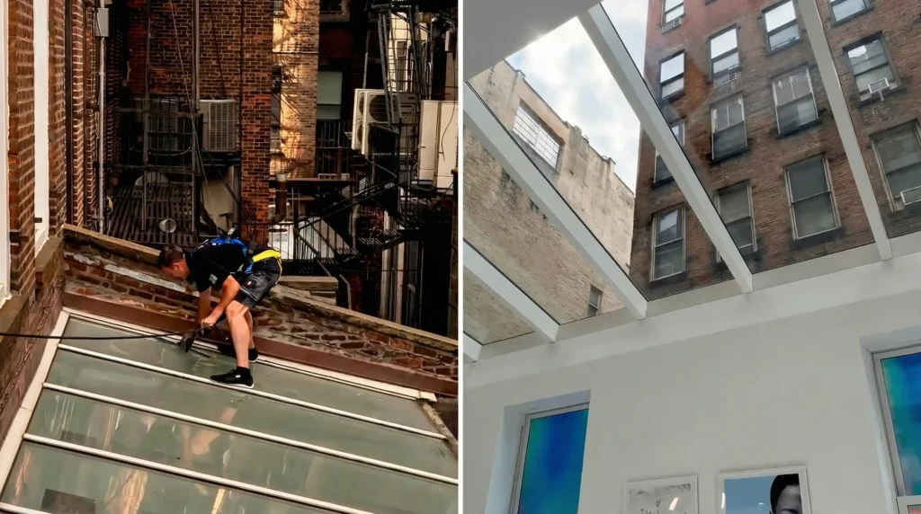 Outside and inside views of a sloped rooftop skylight being cleaned on a narrow Manhattan building between brick walls