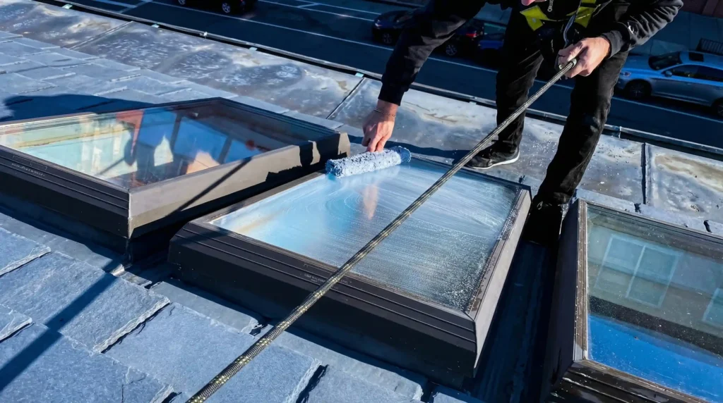 Technician cleaning a flat deck-mounted skylight with an extension pole and microfiber roller on a slate roof in New York