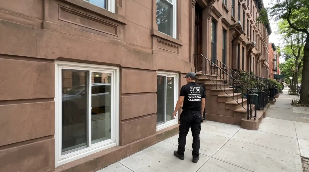 Window specialist inspecting newly installed sliding windows on a Brooklyn brownstone facade