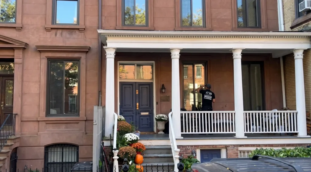 Window technician servicing a sliding window on the front porch of a Brooklyn brownstone with decorative columns