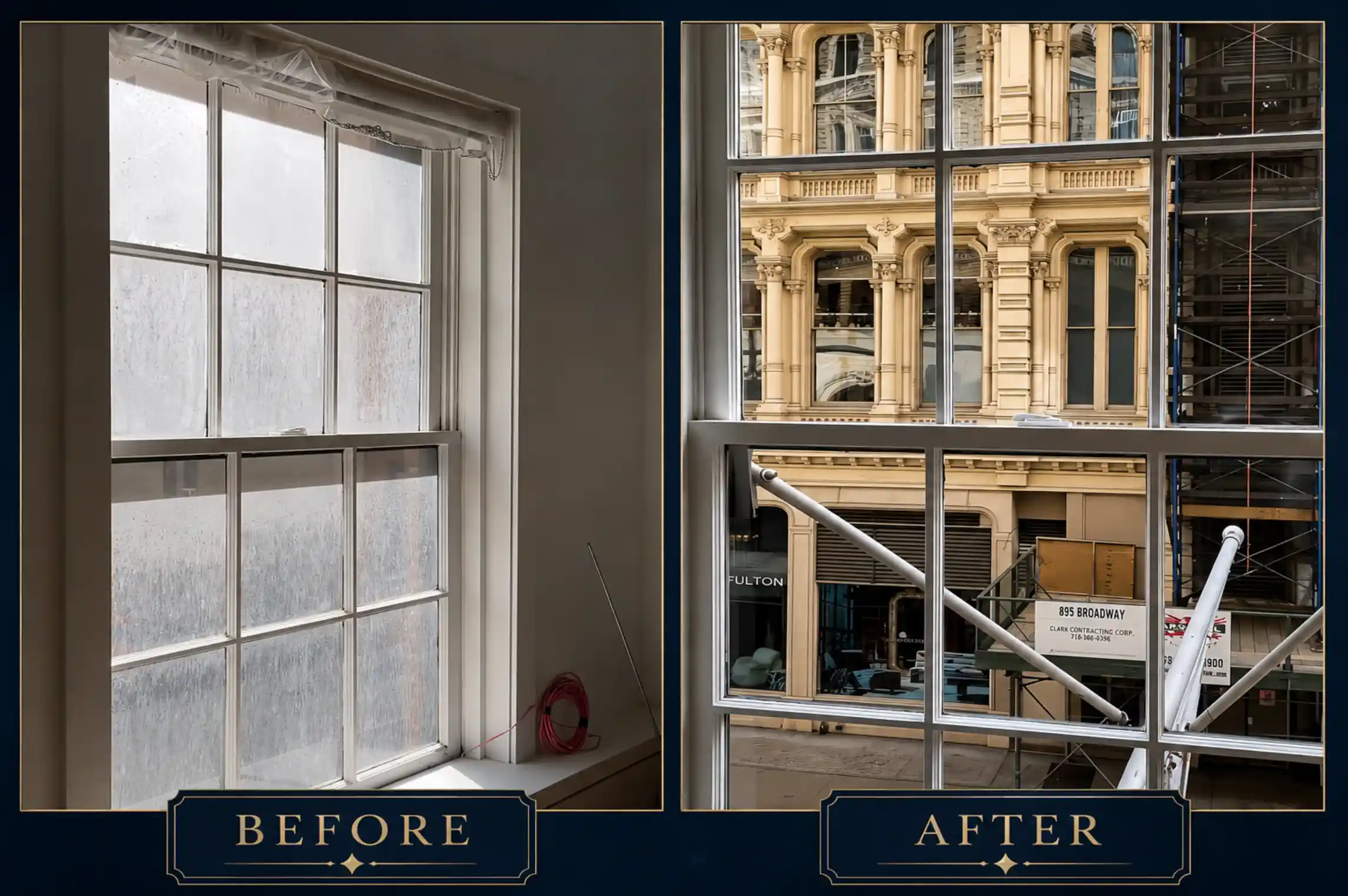 Before and after post-construction window cleaning in a SoHo Manhattan loft showing a heavily hazed double-hung window restored to full clarity