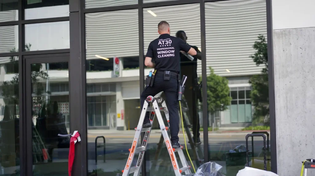 Big Apple Window Cleaning company technician on a ladder applying graffiti repair treatment to a large dark-framed commercial storefront glass panel