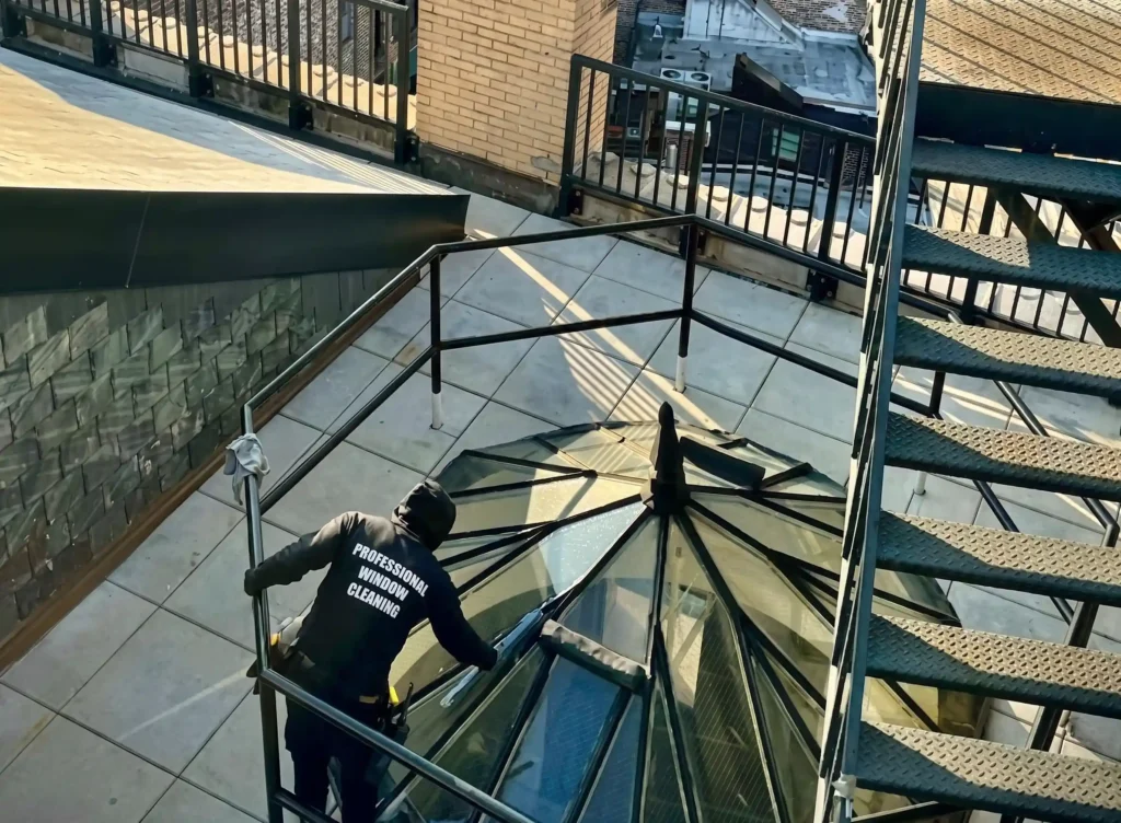 A technician cleans the exterior glass panels of a pyramid roof lantern from a rooftop terrace.