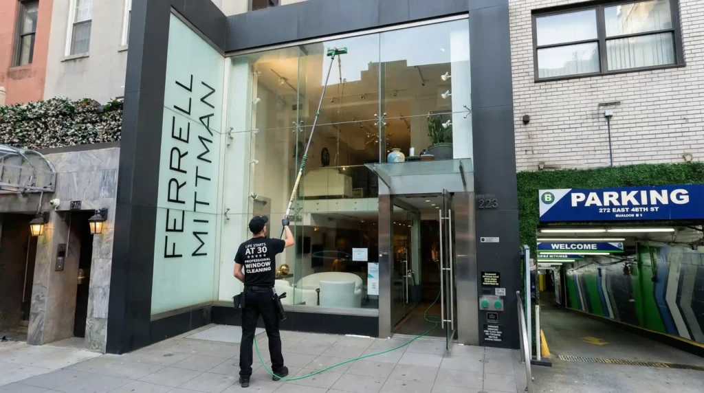 Window cleaner using a water-fed pole system on a luxury furniture showroom storefront on East 48th Street in Midtown Manhattan