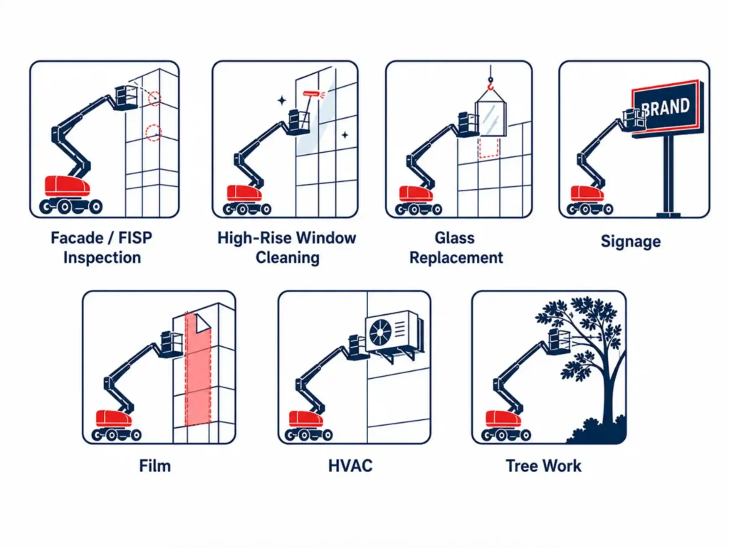 Icon grid of boom lift rental use cases in NYC - facade and FISP inspection, high-rise window cleaning, glass replacement, signage, film, HVAC and tree work