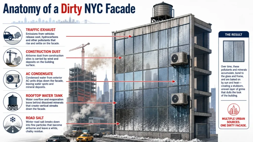 Infographic showing why New York high-rise windows get dirty: traffic exhaust, construction dust, AC condensate, rooftop water tank overflow and road salt hitting a glass facade