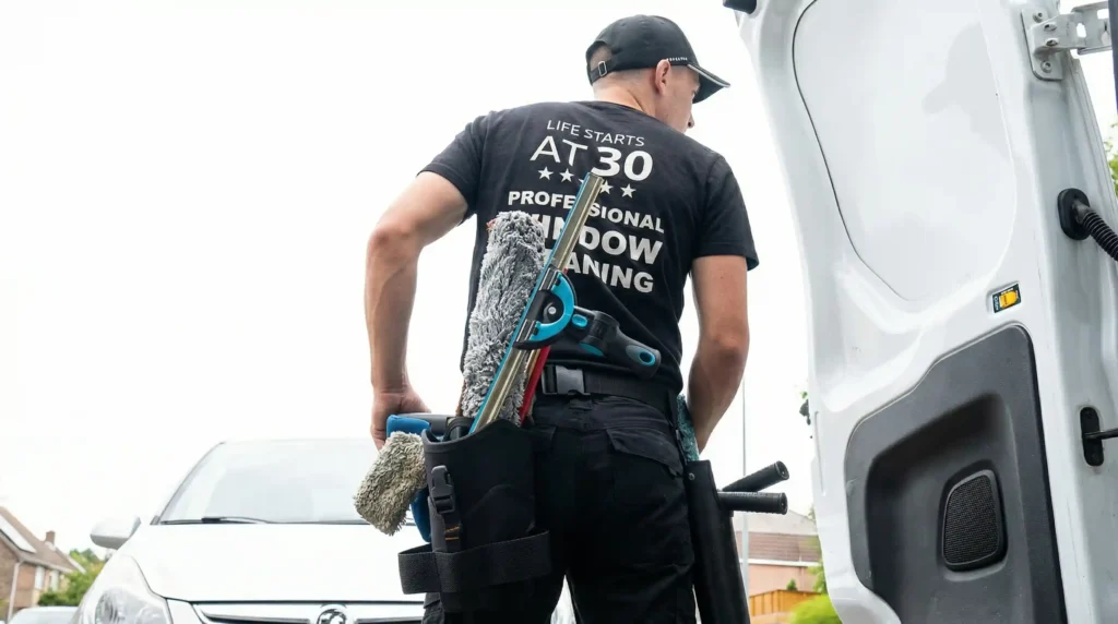 Professional window cleaner with a full tool belt showing squeegee, scrubber, and extension pole beside a service van